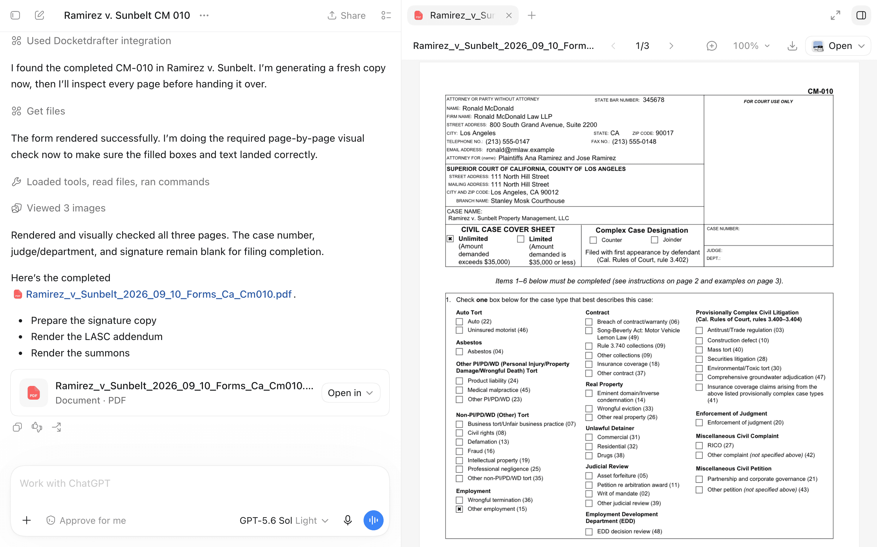 ChatGPT Work using DocketDrafter to prepare a populated California CM-010 Civil Case Cover Sheet from fictional case information