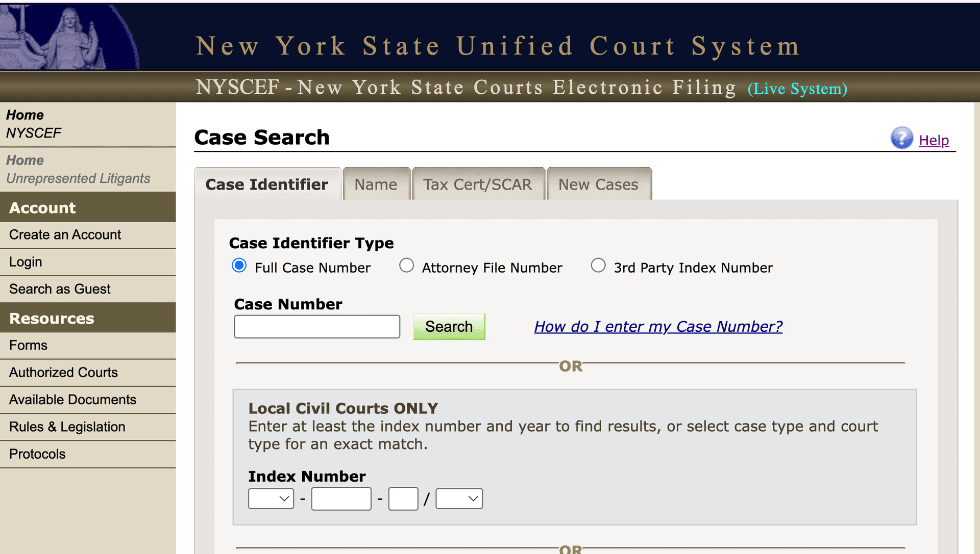 NYSCEF case search homepage