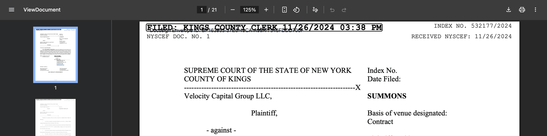 NYSCEF docket entry PDF example
