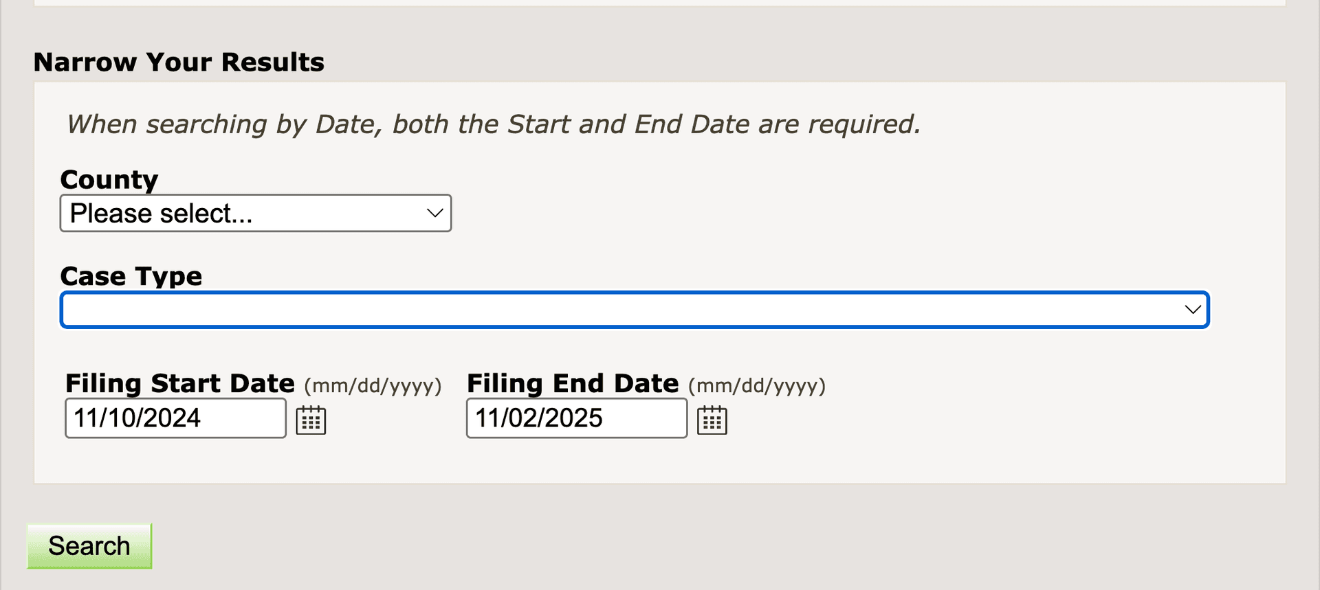NYSCEF narrow search results options