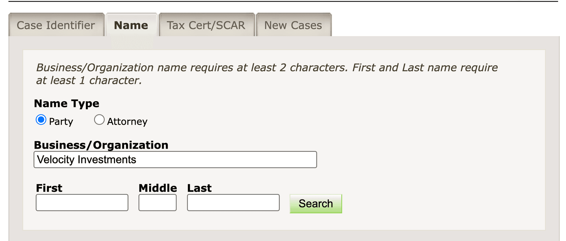 NYSCEF party name search form