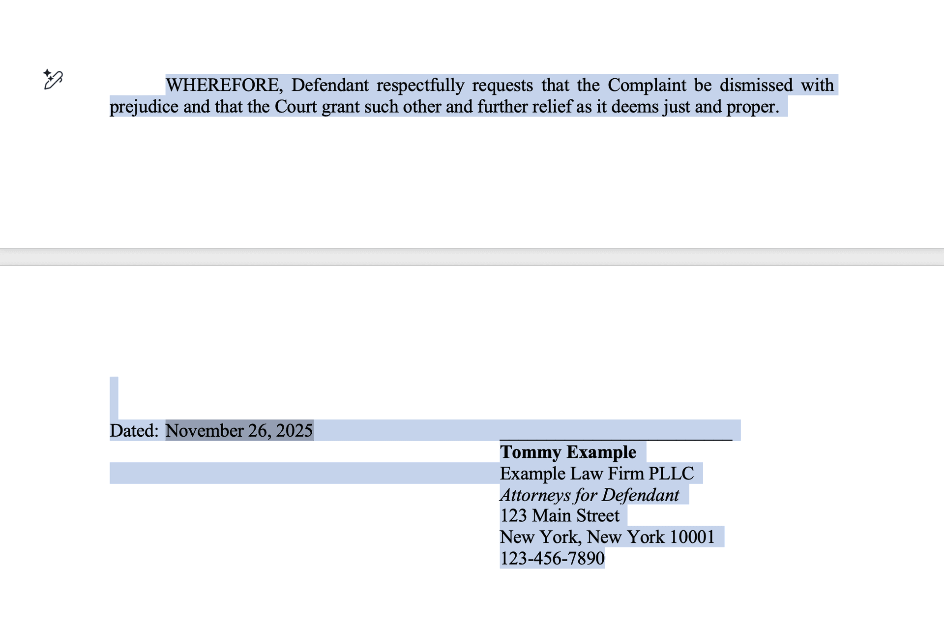 Highlighting the prayer for relief and signature block in Word