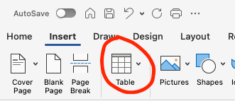 Word Insert Table menu