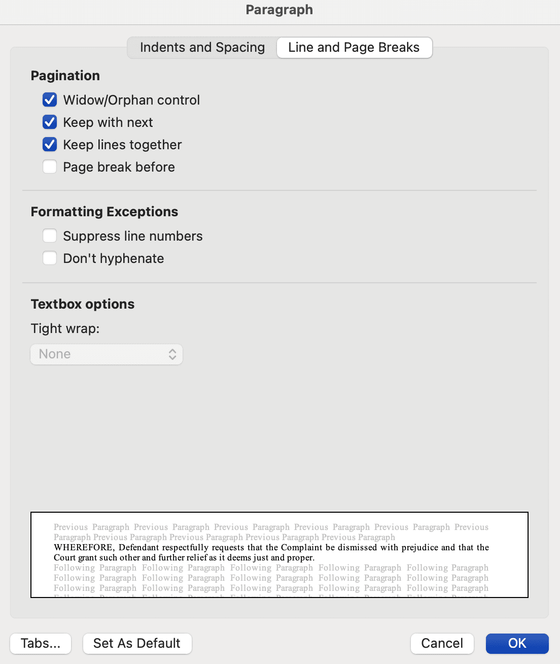 Word paragraph settings with Keep with next and Keep lines together options