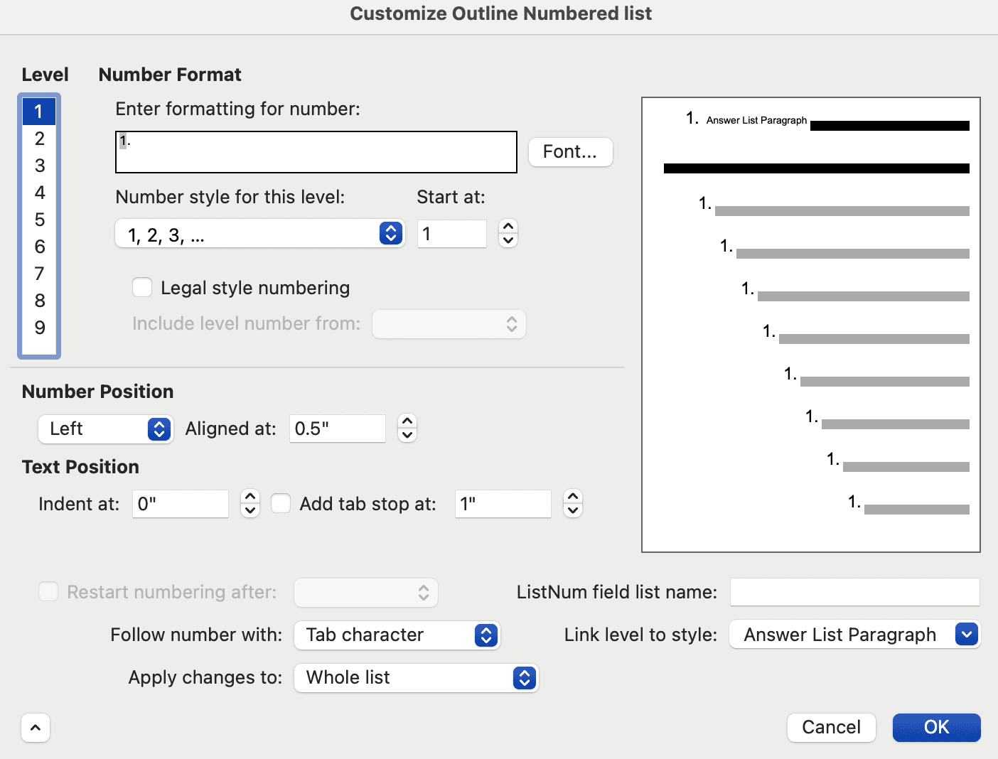Word link level to style dropdown
