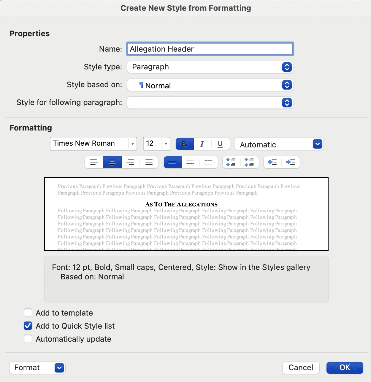 Word new style dialog