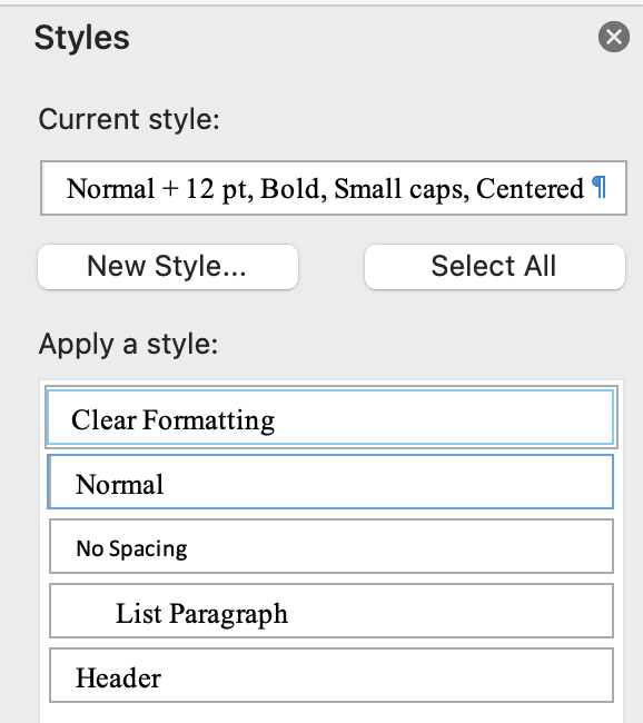 Word normal style selected in pane