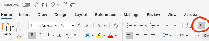 Word paragraph marks showing tabs and spaces