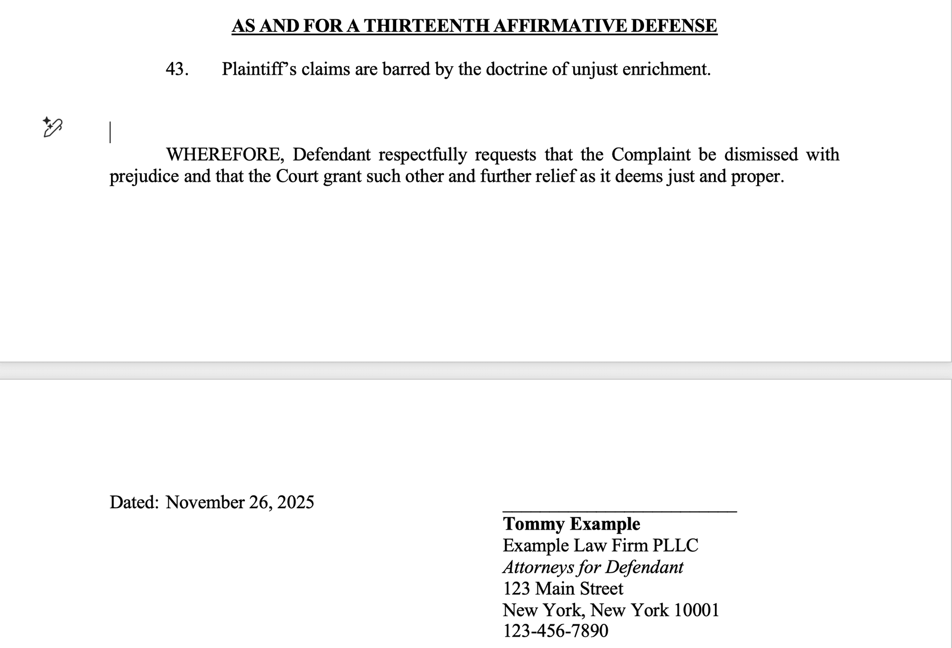 Page break between prayer for relief and signature block