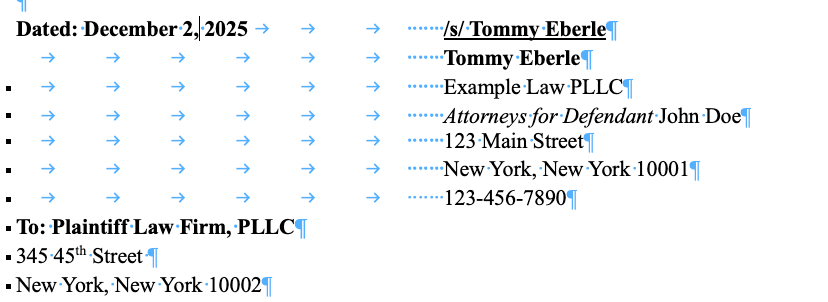 Word signature block with visible tabs and spaces
