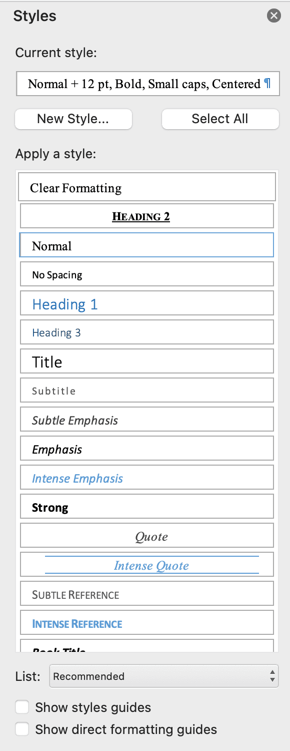 Word styles pane sidebar