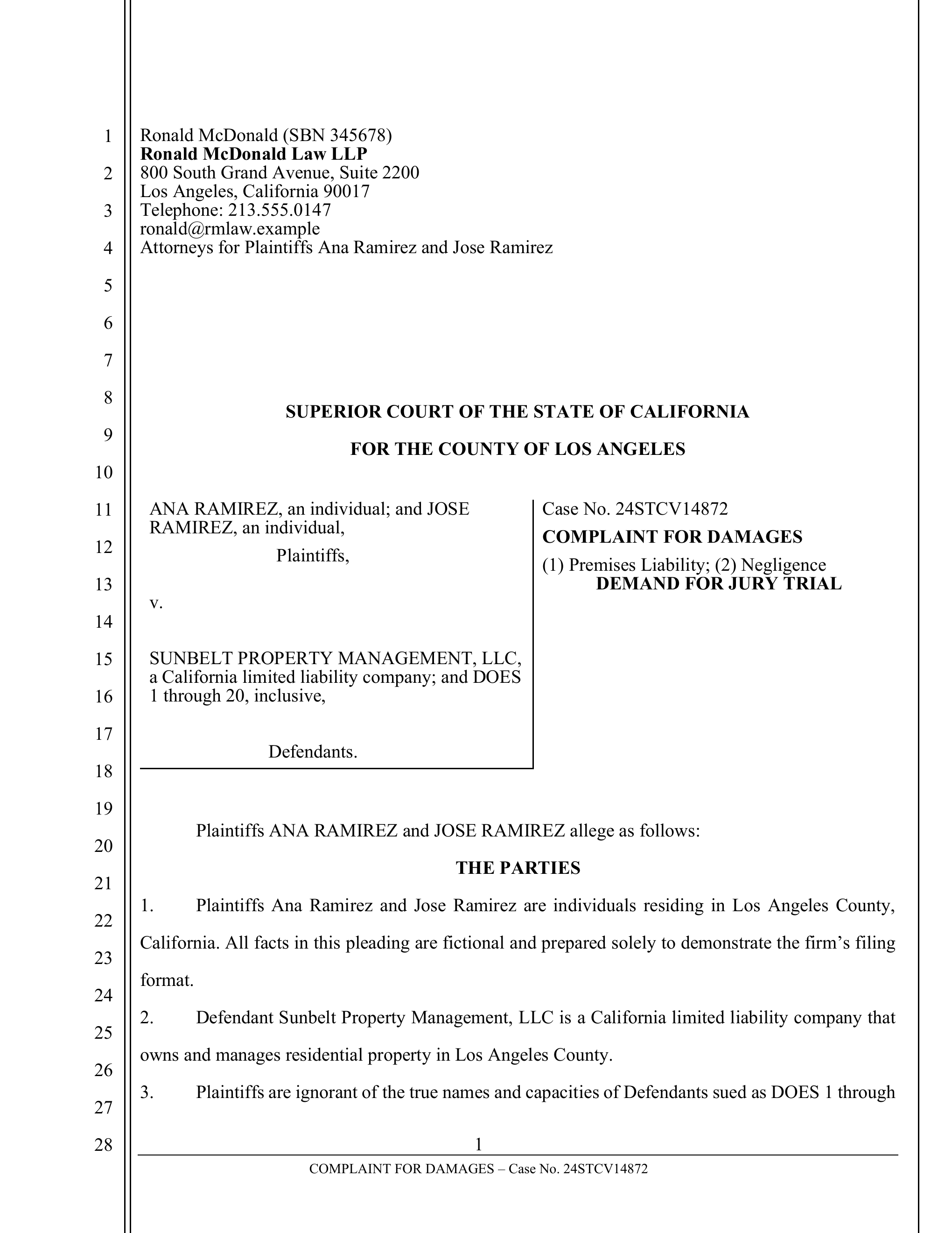 Full first page of a generated California Superior Court complaint with pleading-paper line numbers