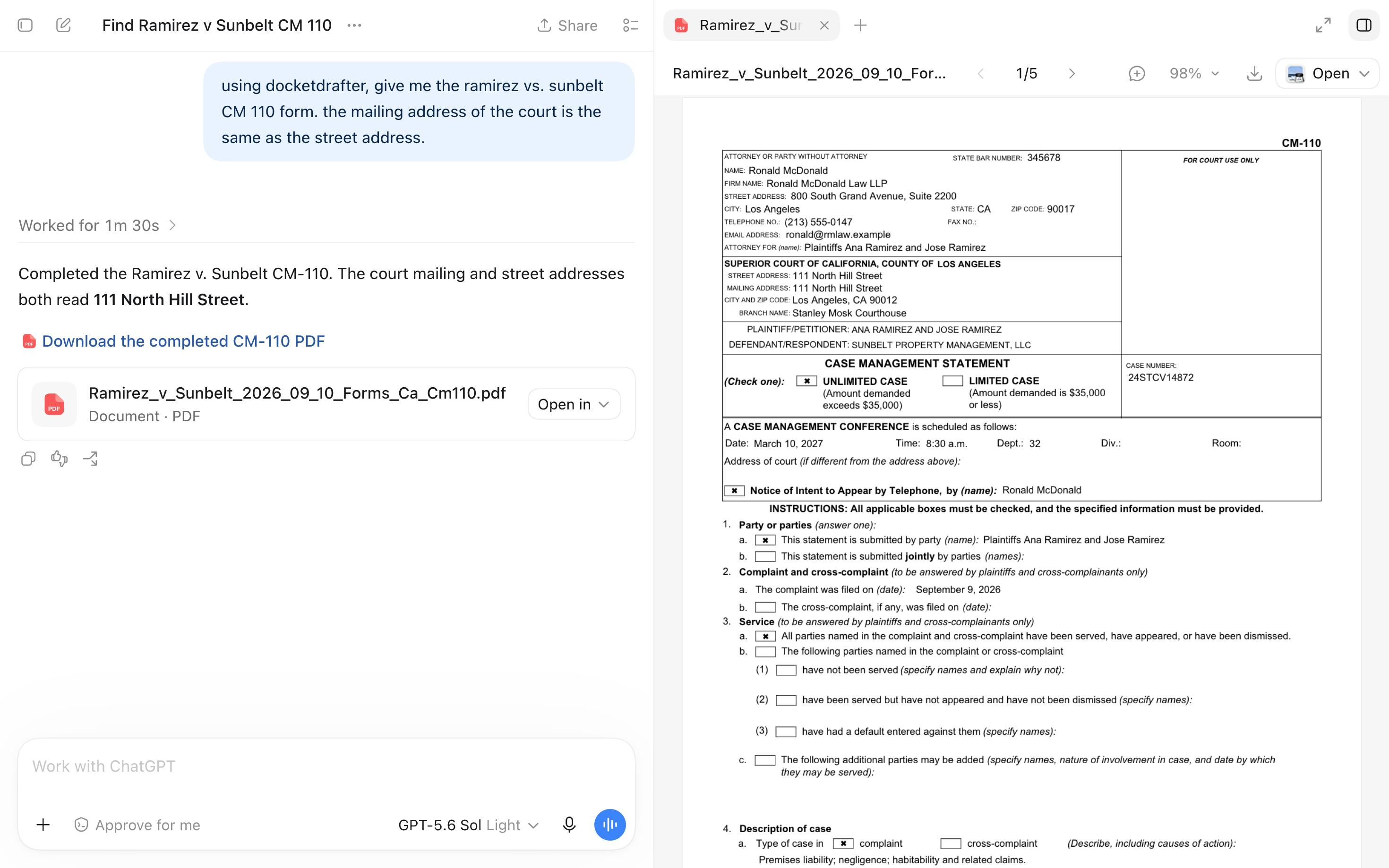 ChatGPT Work using DocketDrafter to return a completed California CM-110 case management statement, with the populated form preview alongside the conversation