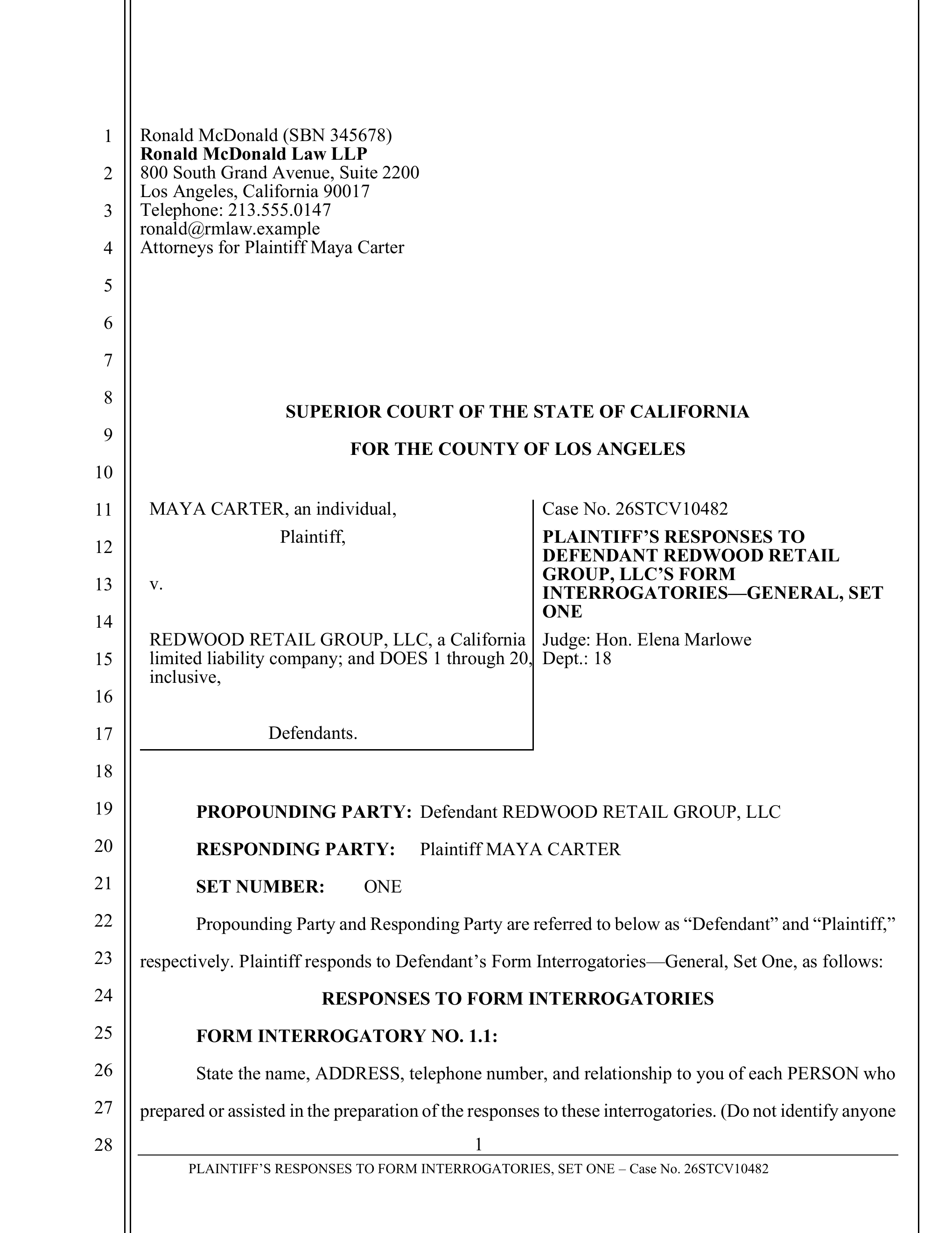 First page of generated California responses to form interrogatories with pleading-paper line numbers, case caption, and the first interrogatory