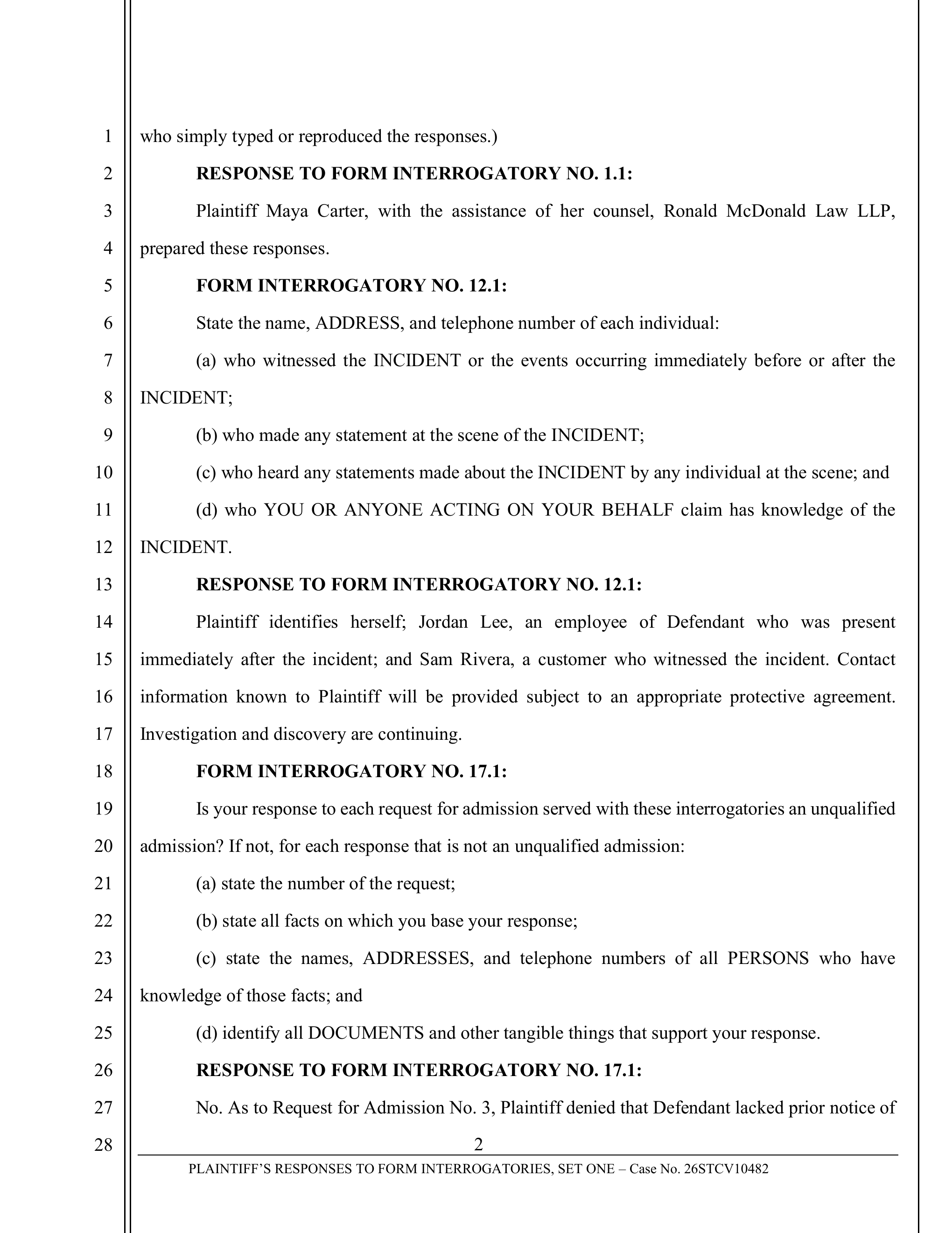 Second page of generated California responses to form interrogatories with each request followed by a formatted response