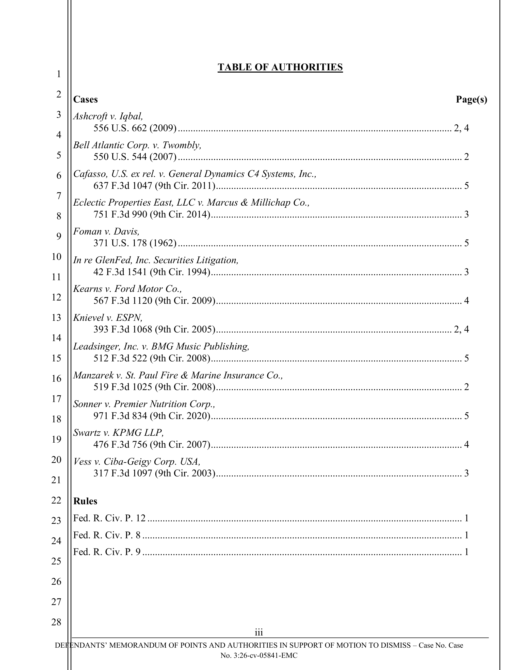 Full table of authorities page from a generated Northern District of California memorandum of points and authorities