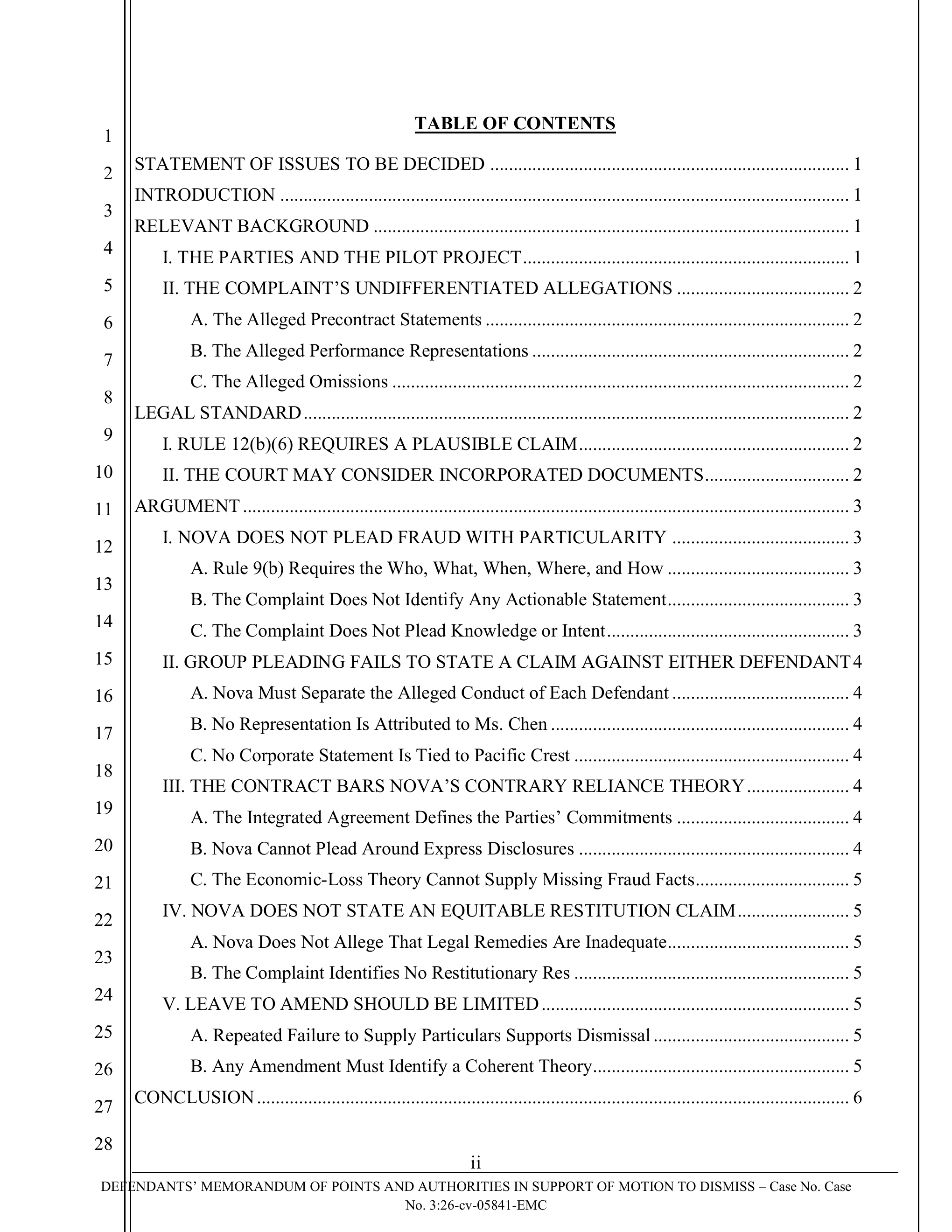 Full table of contents page from a generated Northern District of California memorandum of points and authorities