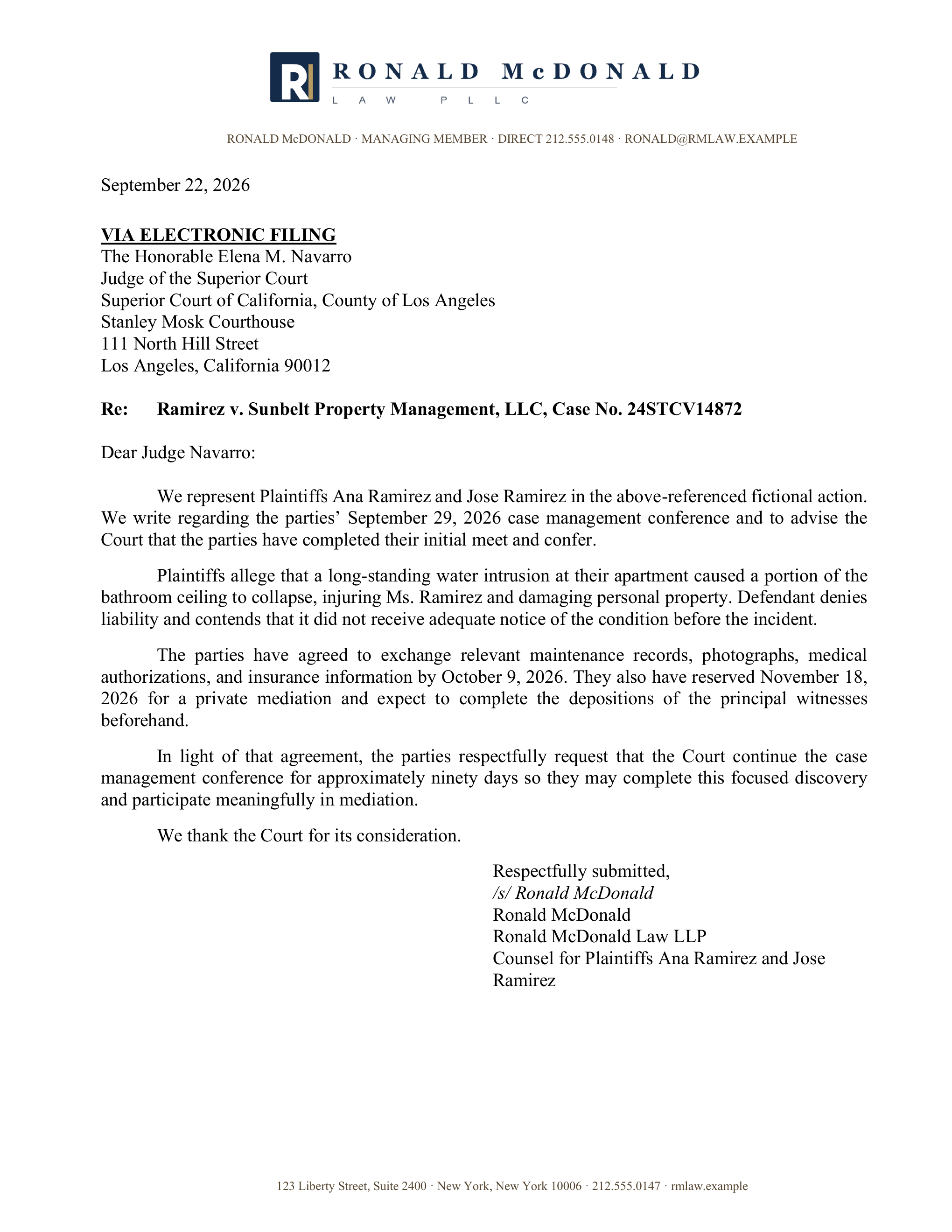 Full page of a generated judicial letter on custom Ronald McDonald Law LLP letterhead