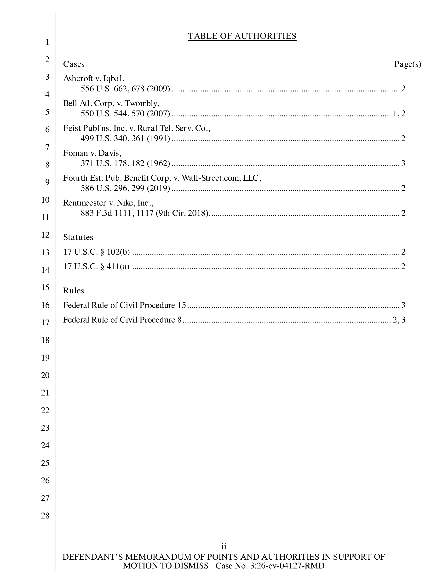 Generated table of authorities with cases, statutes, rules, and page references