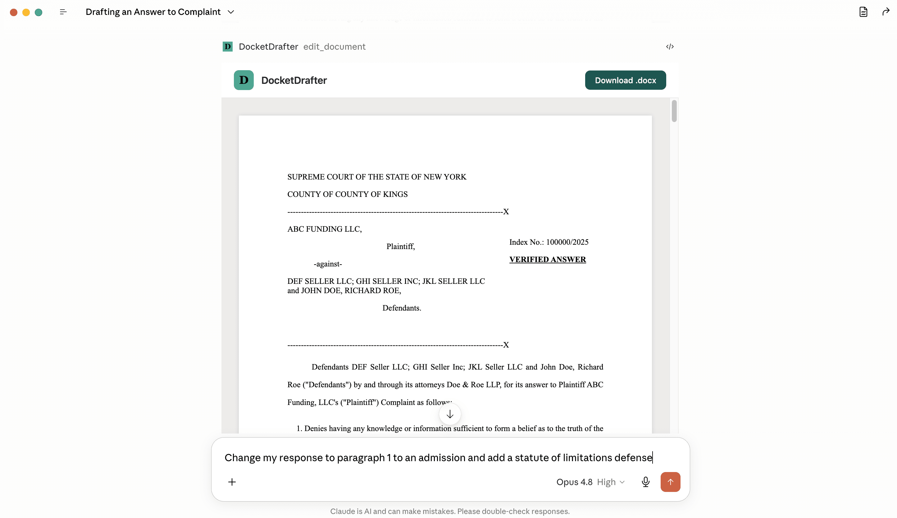 DocketDrafter editing a court-formatted Verified Answer inside a Claude chat