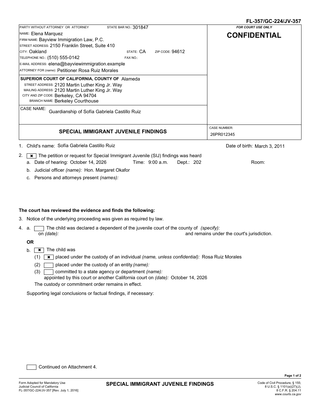 Completed California Judicial Council Special Immigrant Juvenile Findings form for a fictional guardianship case in Alameda County