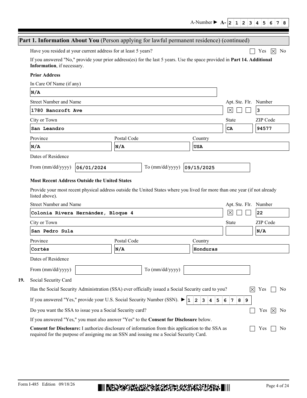 Page 4 of a completed I-485 with N/A entered in each blank that does not apply