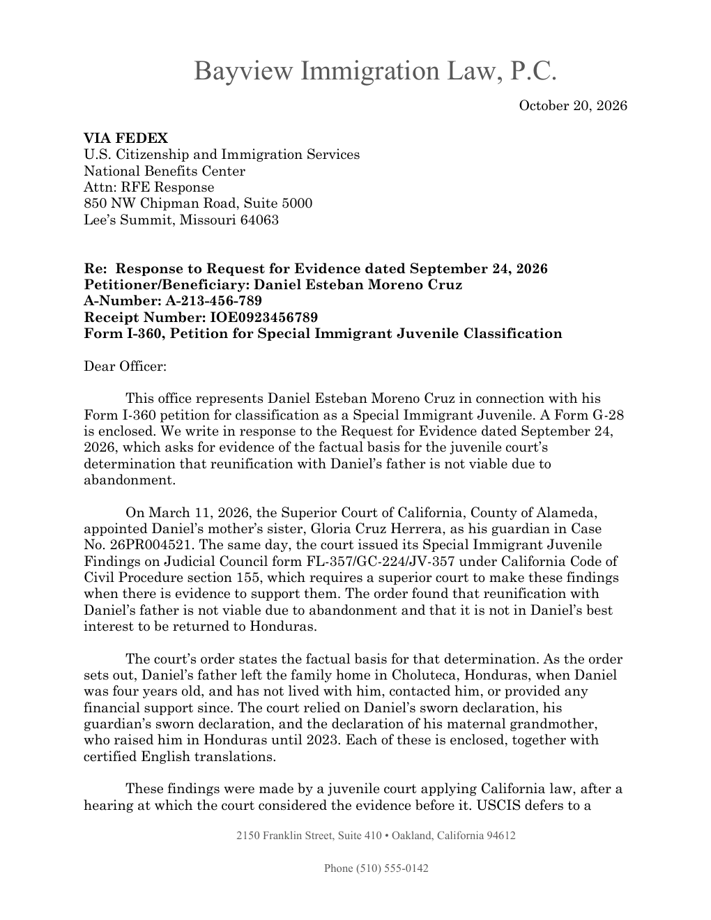First page of a response to a USCIS Request for Evidence on a fictional Special Immigrant Juvenile petition, on the firm's letterhead