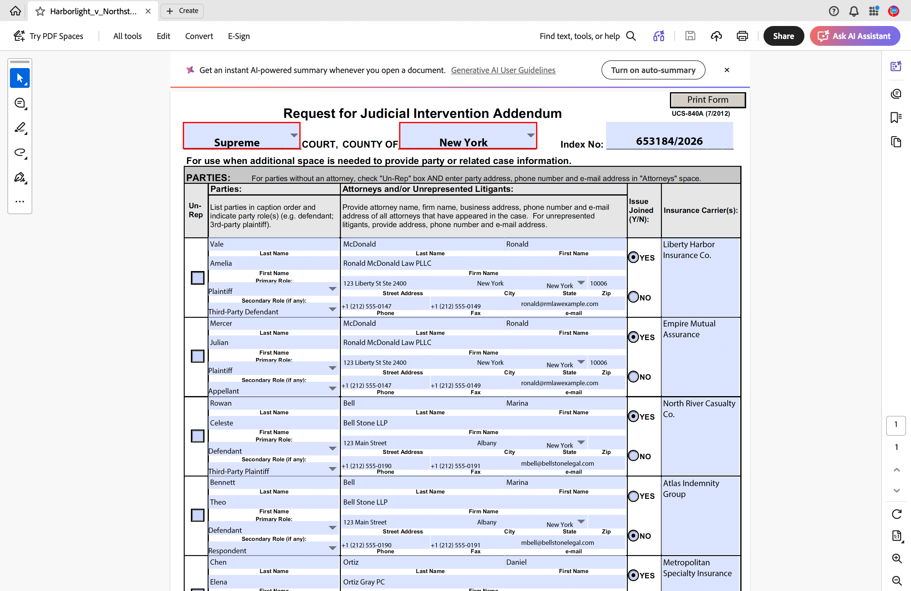 Completed New York UCS-840A Request for Judicial Intervention addendum open correctly in Adobe Acrobat