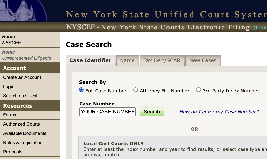 NYSCEF Case Search — enter your Index Number here
