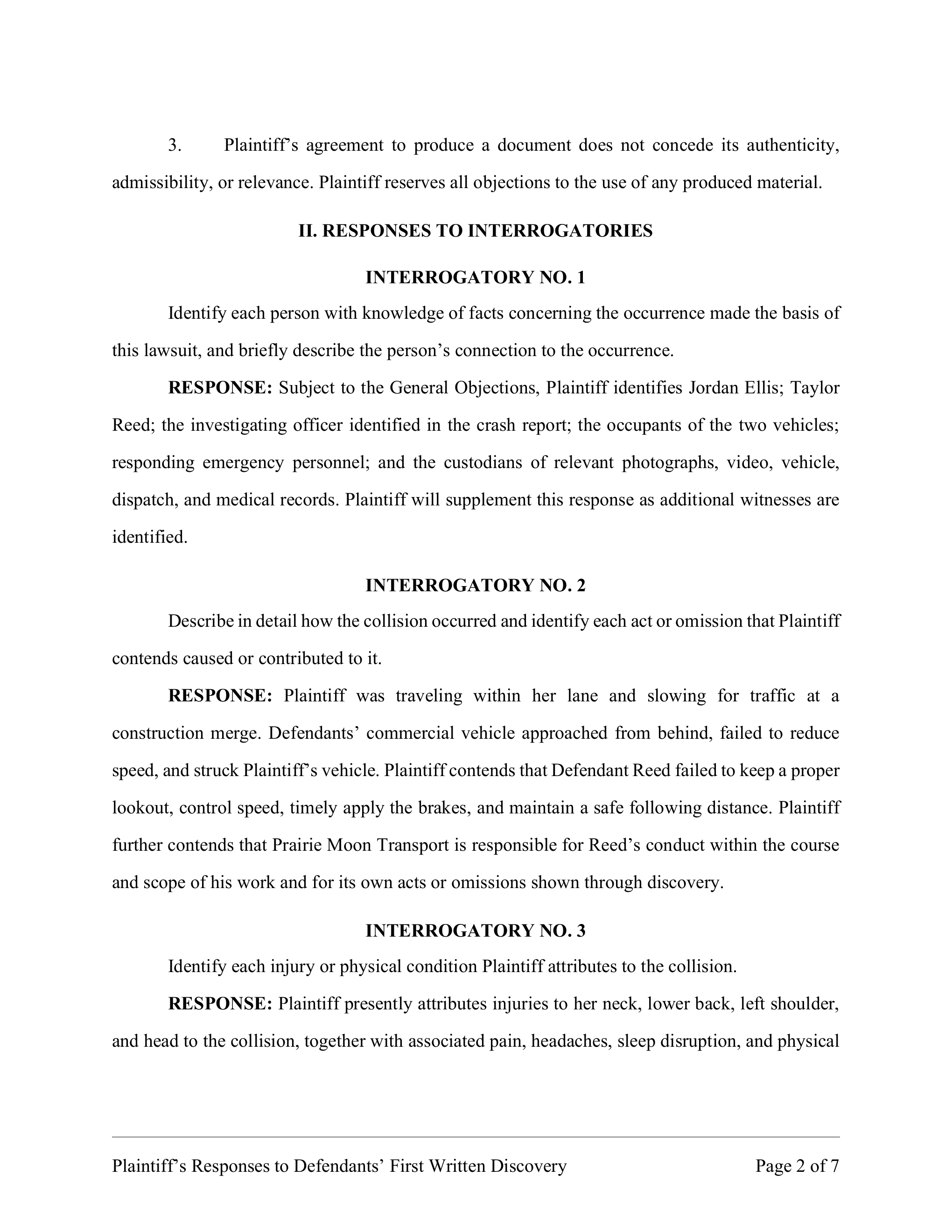 Second page of generated Texas discovery responses with each interrogatory followed by a formatted response
