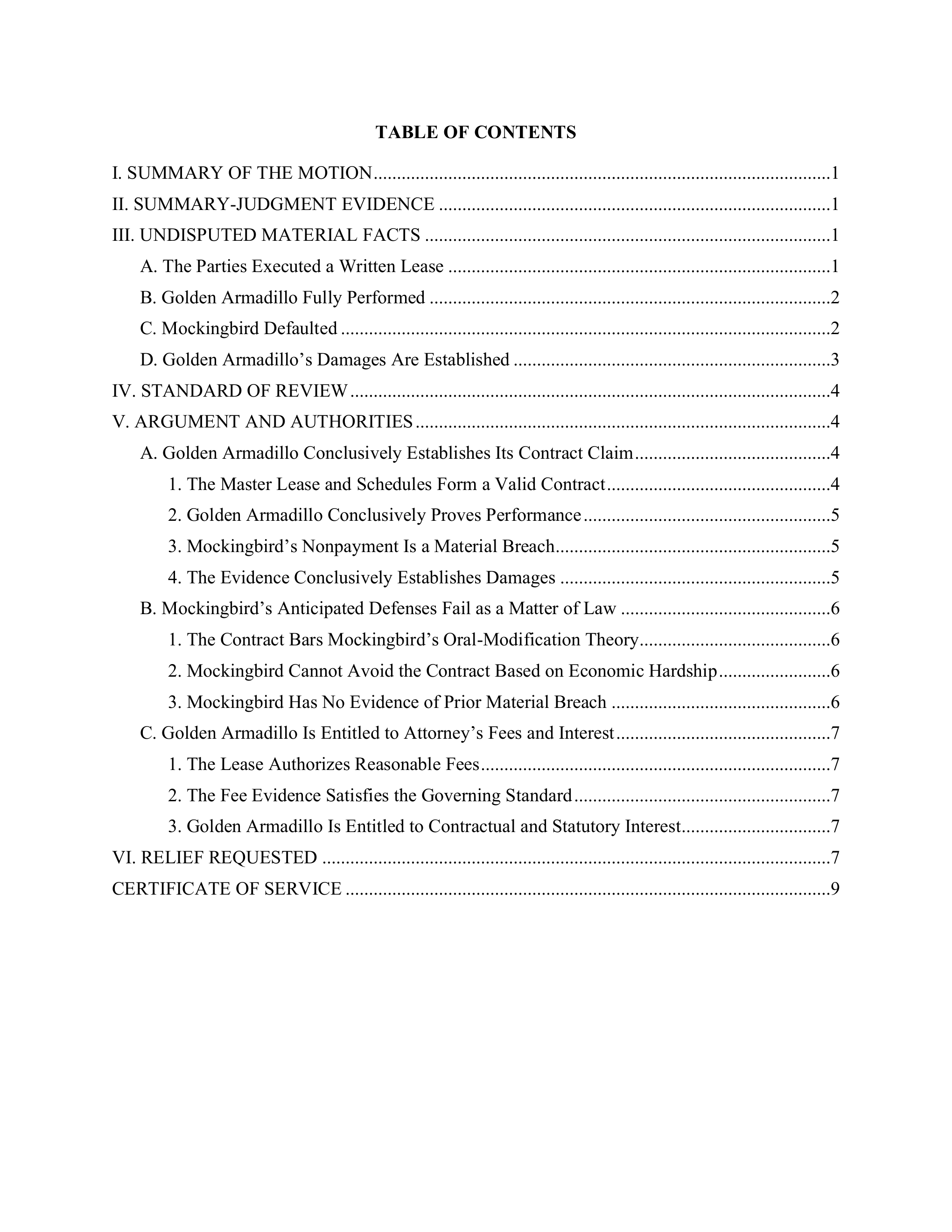 Full table of contents page from a generated Texas traditional motion for summary judgment