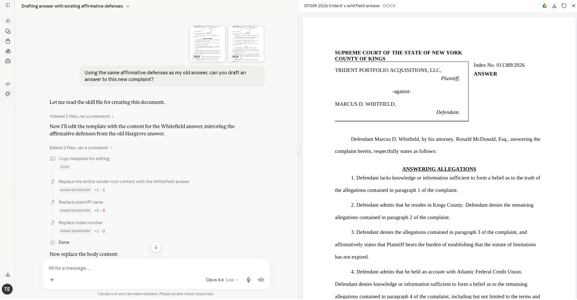 ChatGPT and Claude workflow showing a drafted pleading preview beside a formatted Word document
